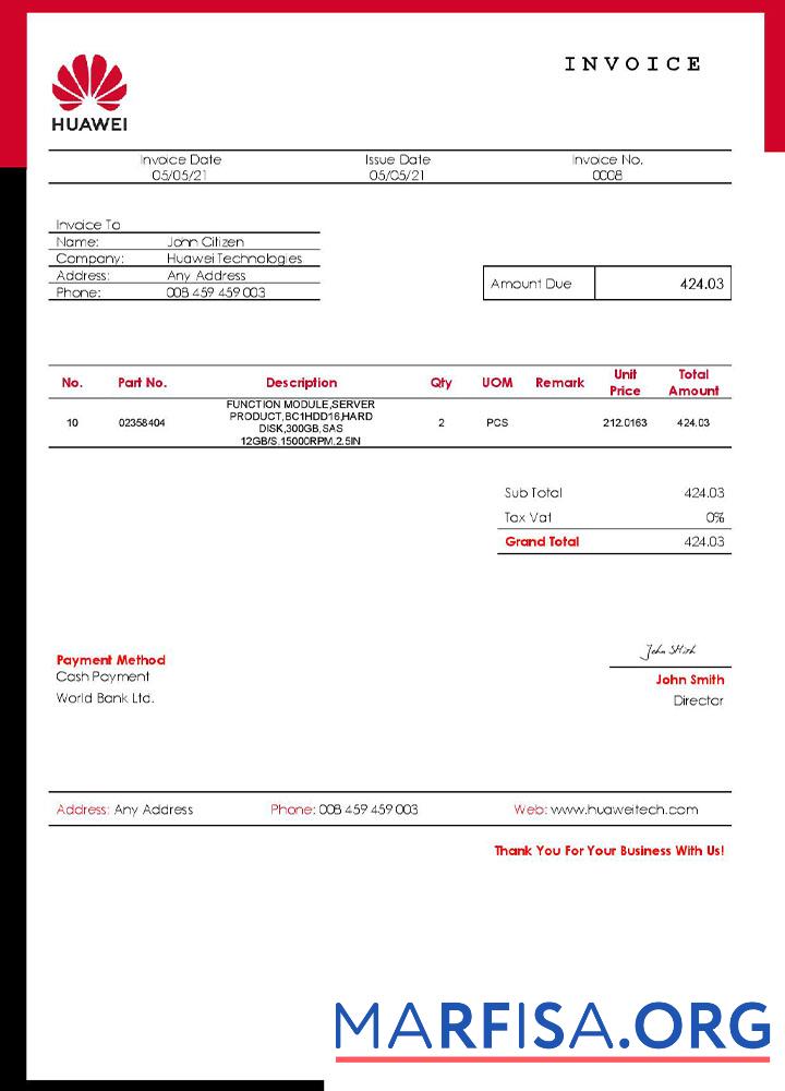 Blank USA Huawei invoice template